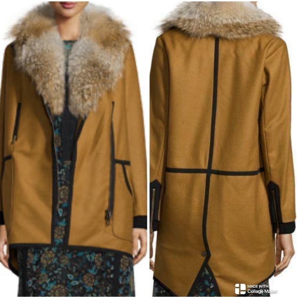 Veronica Beard Granite Wool-Cashmere Zip Parka with Fur Collar Camel